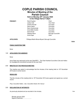 COPLE PARISH COUNCIL Minutes of Meeting of the Parish Council Held on Monday 20Th January 2020 in the Village Hall at 7.30Pm
