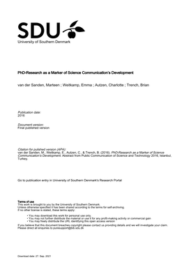 University of Southern Denmark Phd-Research As a Marker Of