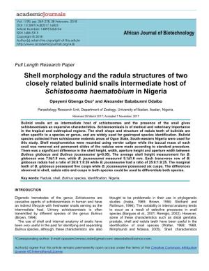 Shell Morphology and the Radula Structures of Two Closely Related Bulinid Snails Intermediate Host of Schistosoma Haematobium in Nigeria