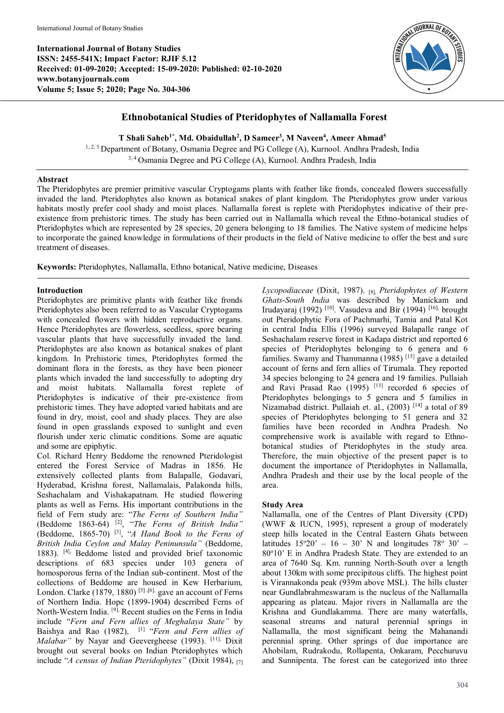 Ethnobotanical Studies of Pteridophytes of Nallamalla Forest
