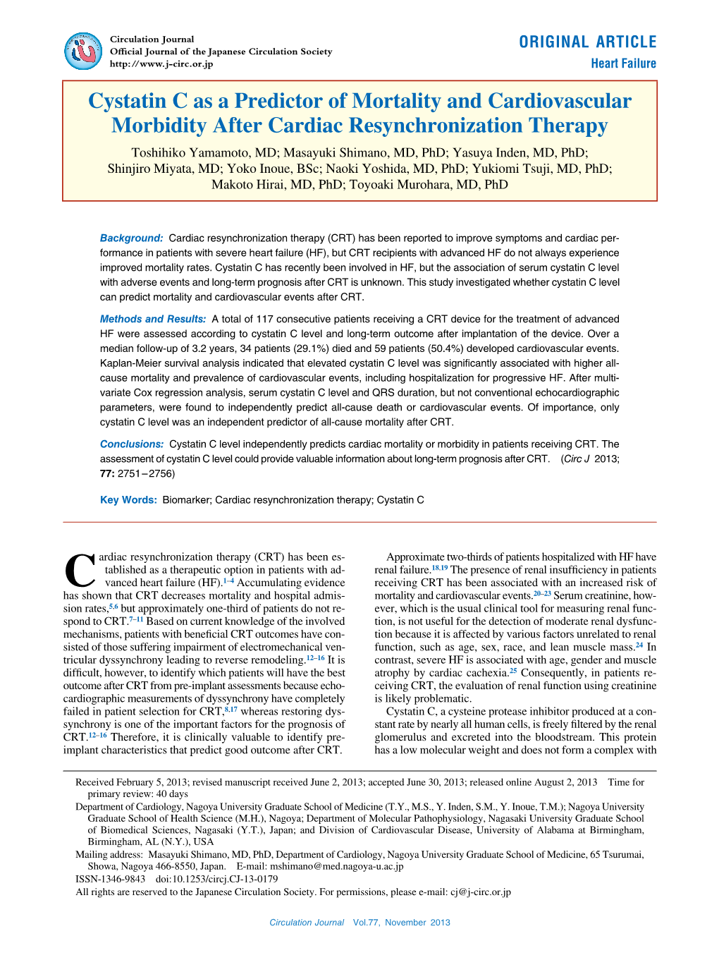 Cystatin C As a Predictor of Mortality and Cardiovascular Morbidity After