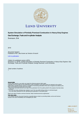 System Simulation of Partially Premixed Combustion in Heavy-Duty Engines Gas Exchange, Fuels and In-Cylinder Analysis Svensson, Erik