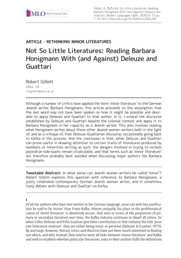 Reading Barbara Honigmann with (And Against) Deleuze and Guattari