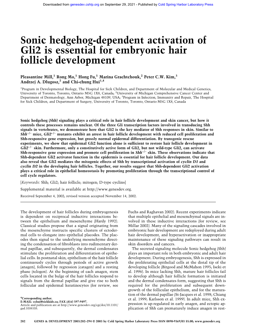 Sonic Hedgehog-Dependent Activation of Gli2 Is Essential for Embryonic Hair Follicle Development
