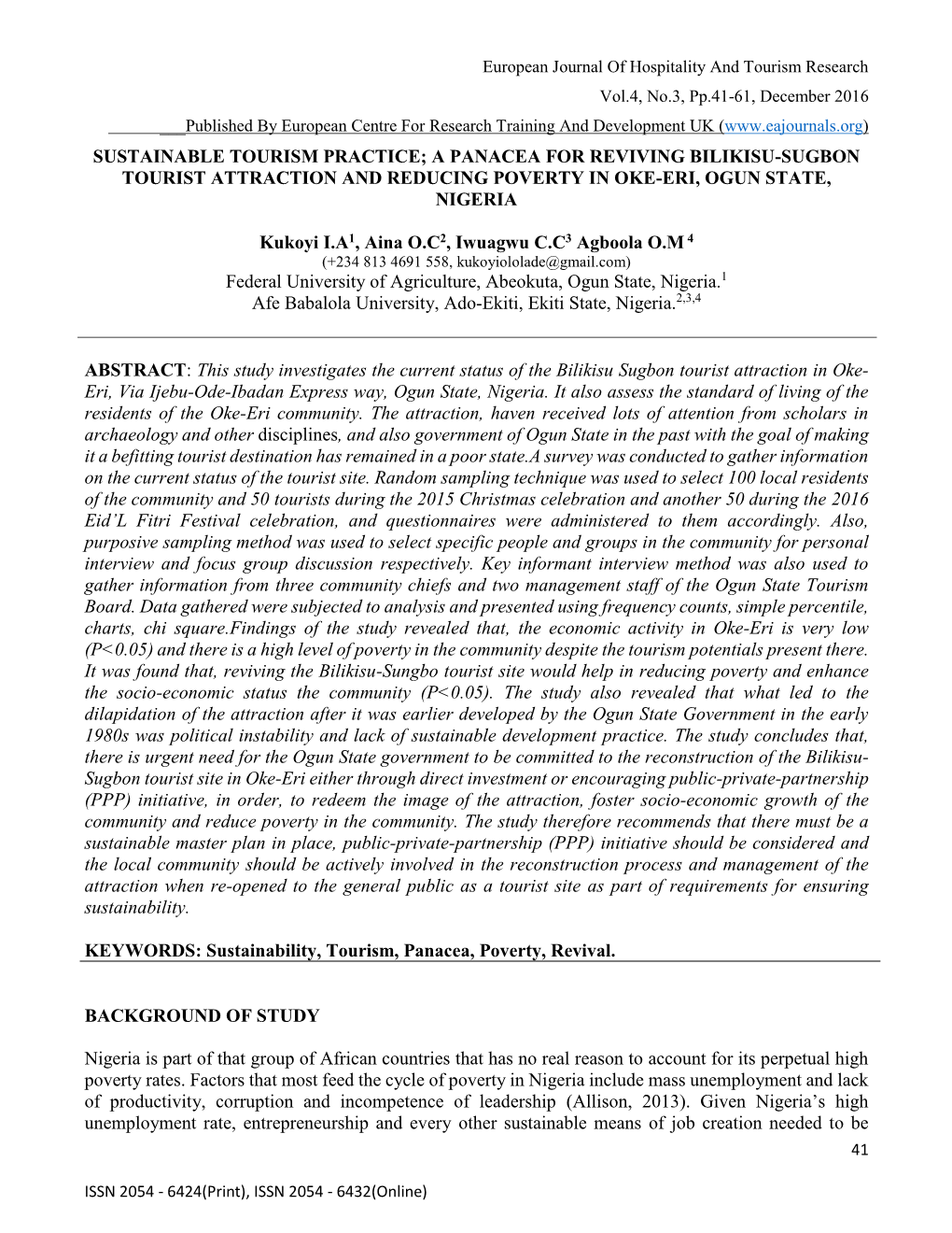 Sustainable Tourism Practice; a Panacea for Reviving Bilikisu-Sugbon Tourist Attraction and Reducing Poverty in Oke-Eri, Ogun State, Nigeria