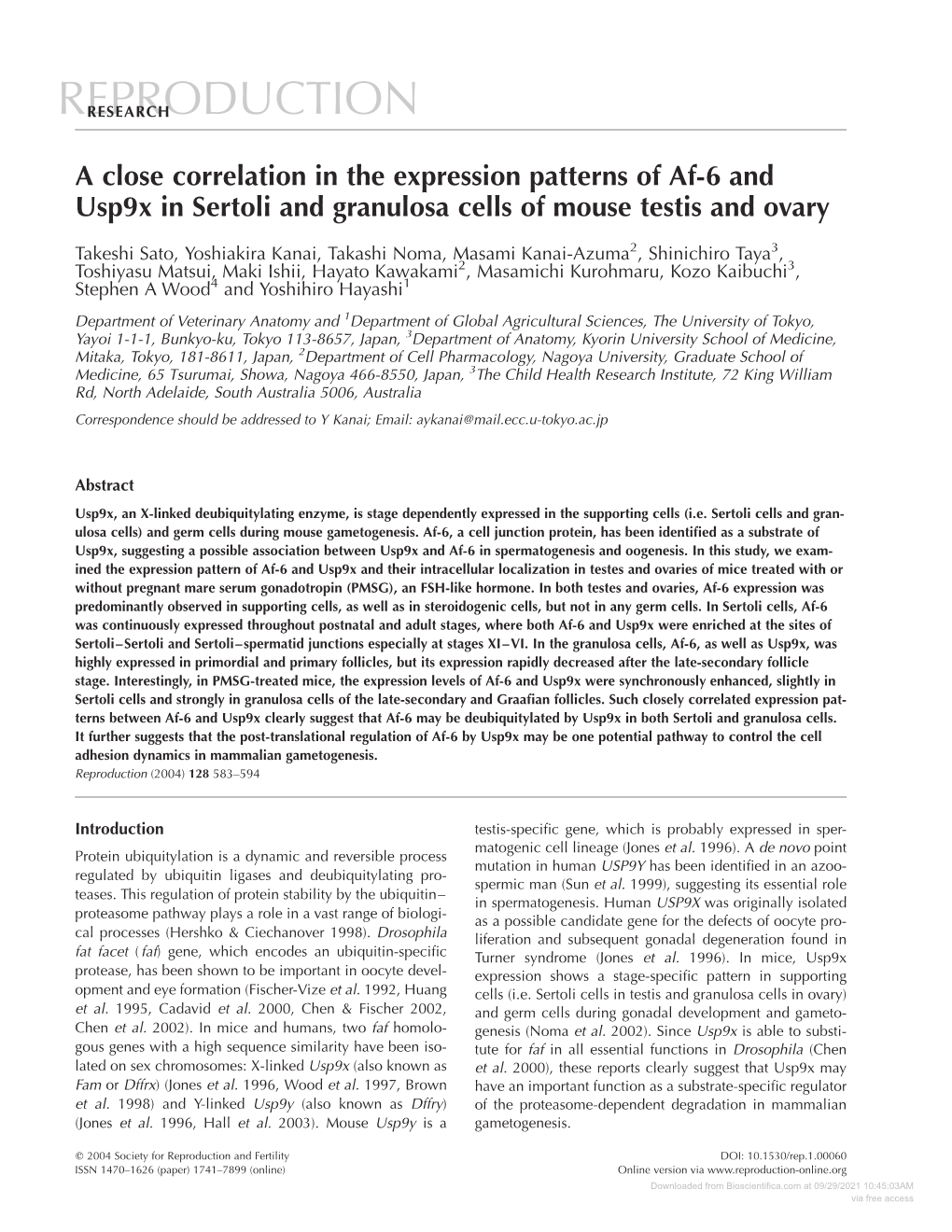 A Close Correlation in the Expression Patterns of Af-6 and Usp9x in Sertoli and Granulosa Cells of Mouse Testis and Ovary