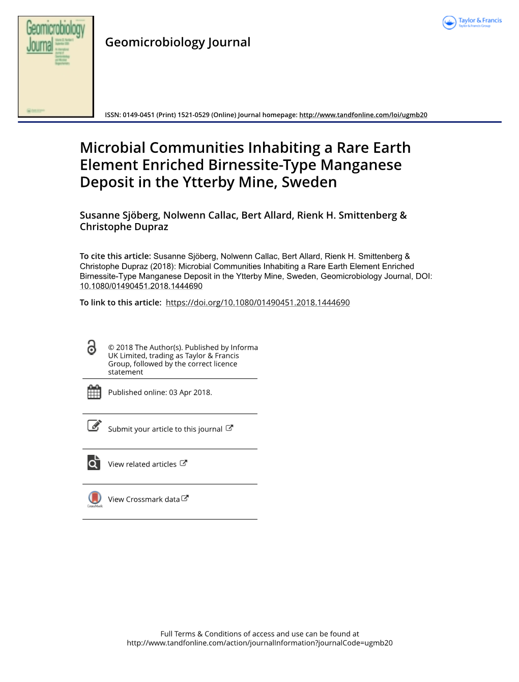 Geomicrobiology Journal | Sjöberg Et