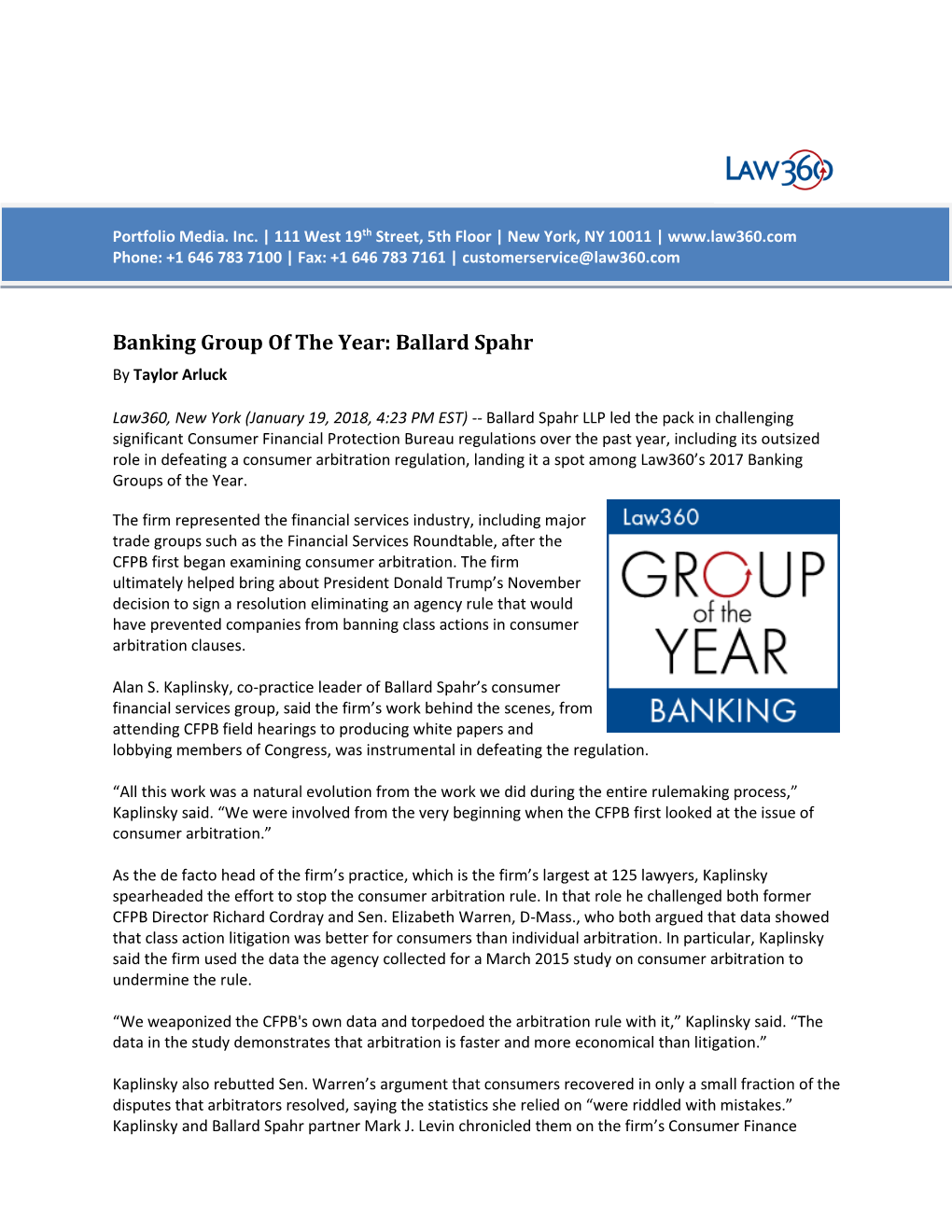 Banking Group of the Year: Ballard Spahr by Taylor Arluck