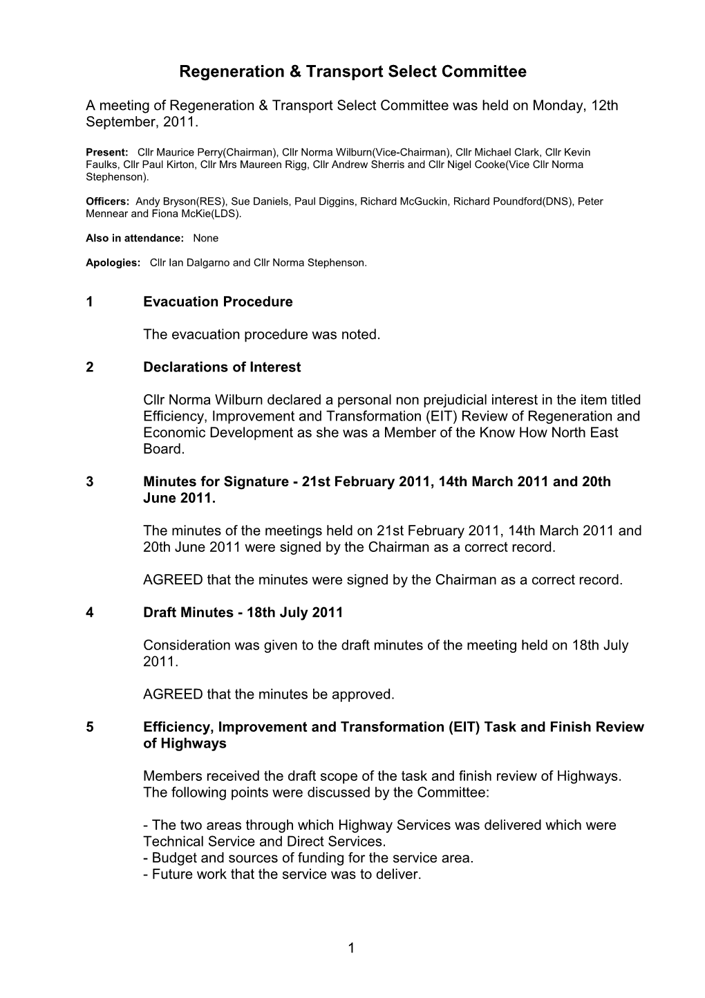 Regeneration & Transport Select Committee