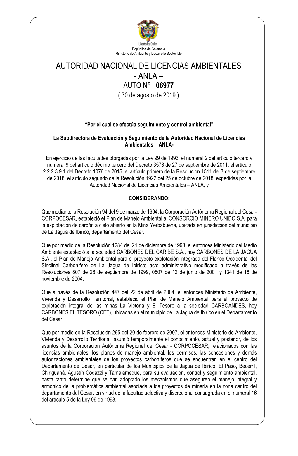 AUTORIDAD NACIONAL DE LICENCIAS AMBIENTALES - ANLA – AUTO N° 06977 ( 30 De Agosto De 2019 )