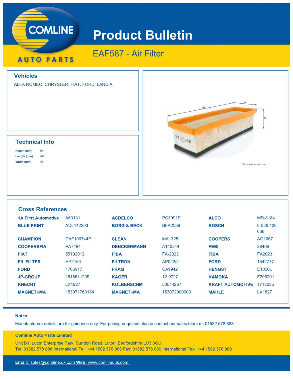 Product Bulletin EAF587 - Air Filter