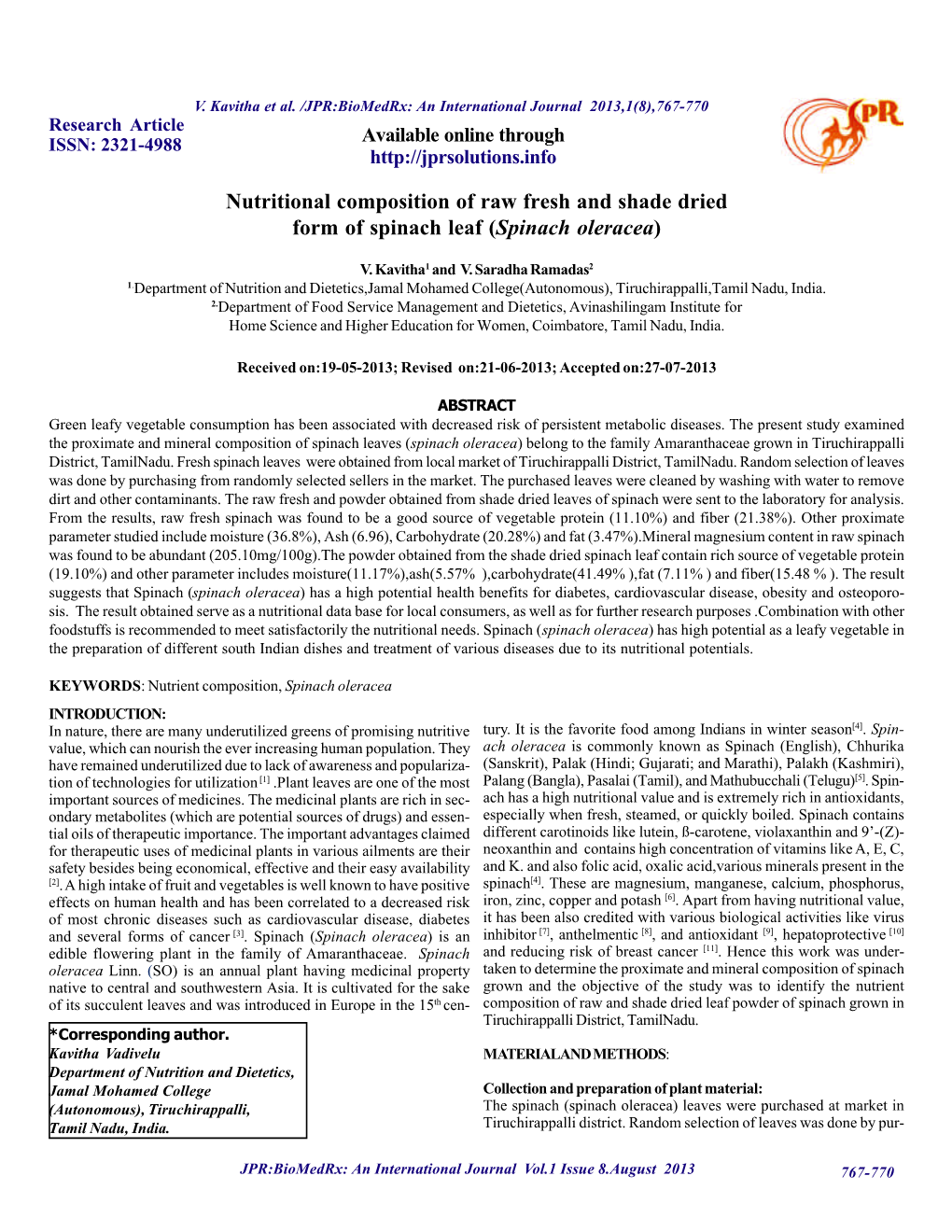 Nutritional Composition of Raw Fresh and Shade Dried Form of Spinach Leaf (Spinach Oleracea)