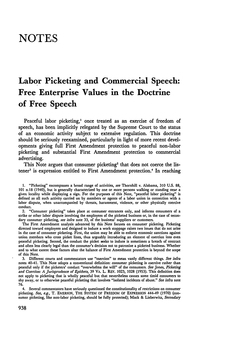 Labor Picketing and Commercial Speech: Free Enterprise Values in the Doctrine of Free Speech