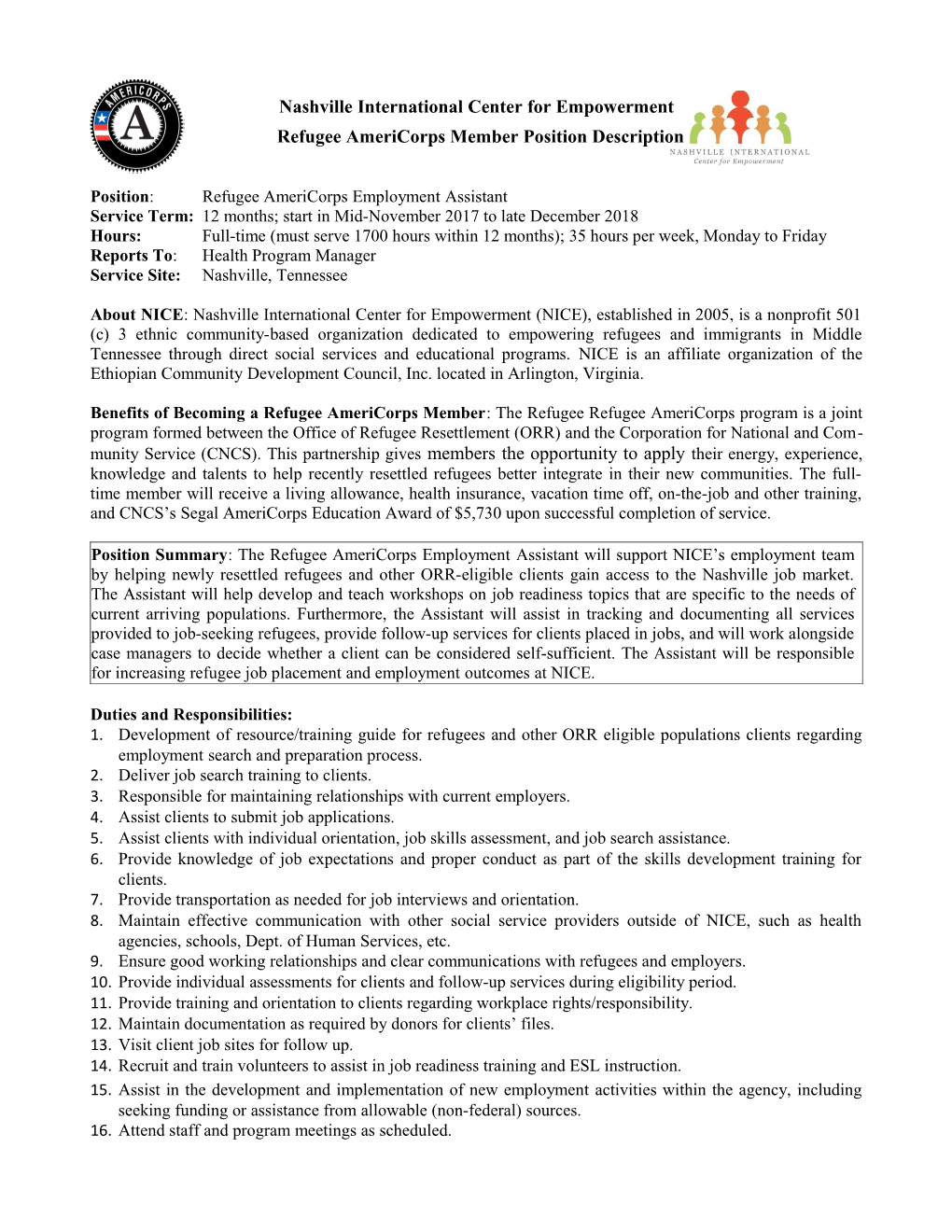 Refugee Americorps Member Position Description