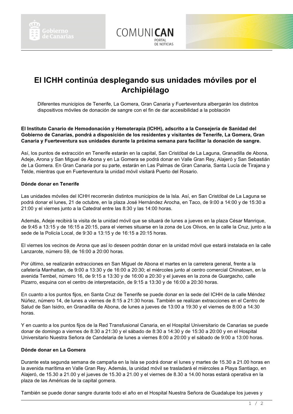 El ICHH Continúa Desplegando Sus Unidades Móviles Por El Archipiélago