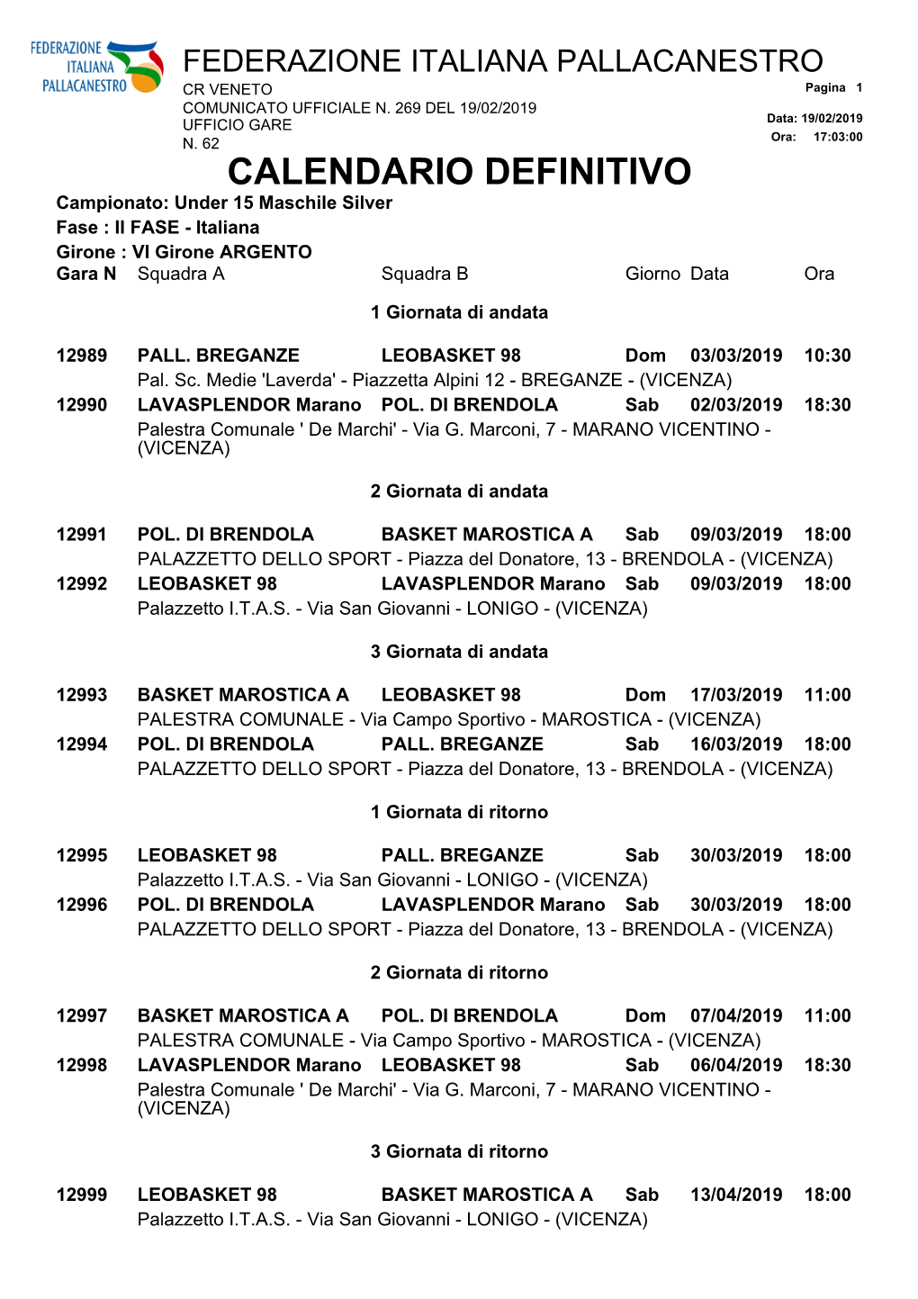 CALENDARIO DEFINITIVO Campionato: Under 15 Maschile Silver Fase : II FASE - Italiana Girone : VI Girone ARGENTO Gara N Squadra a Squadra B Giorno Data Ora