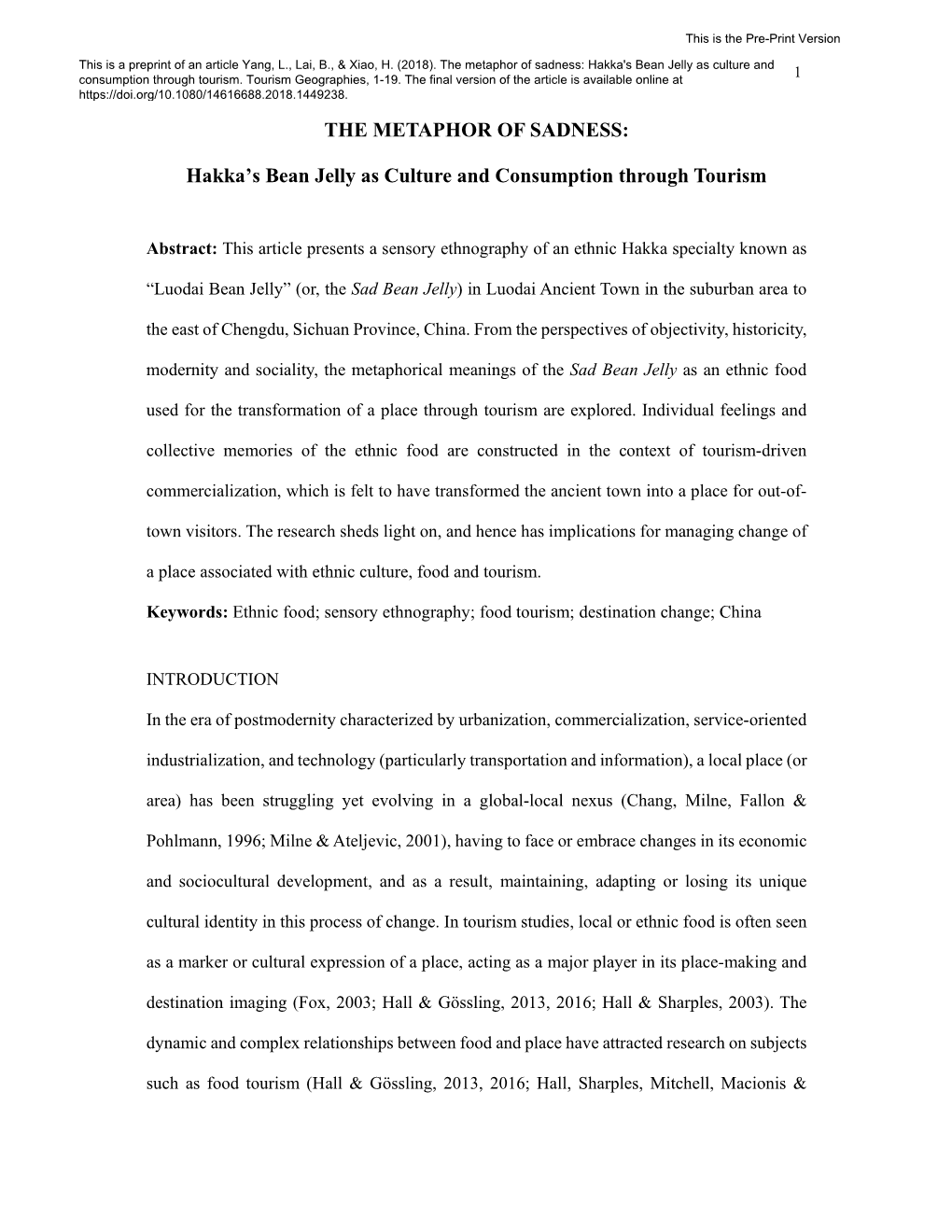 The Metaphor of Sadness: Hakka's Bean Jelly As Culture and 1 Consumption Through Tourism