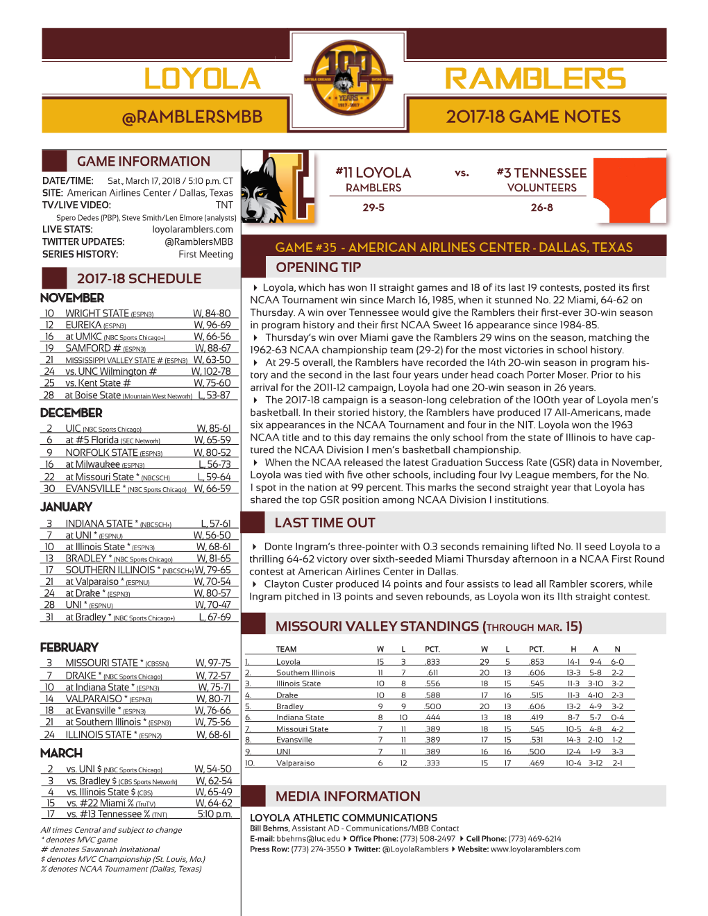 Loyola Ramblers @Ramblersmbb 2017-18 Game Notes