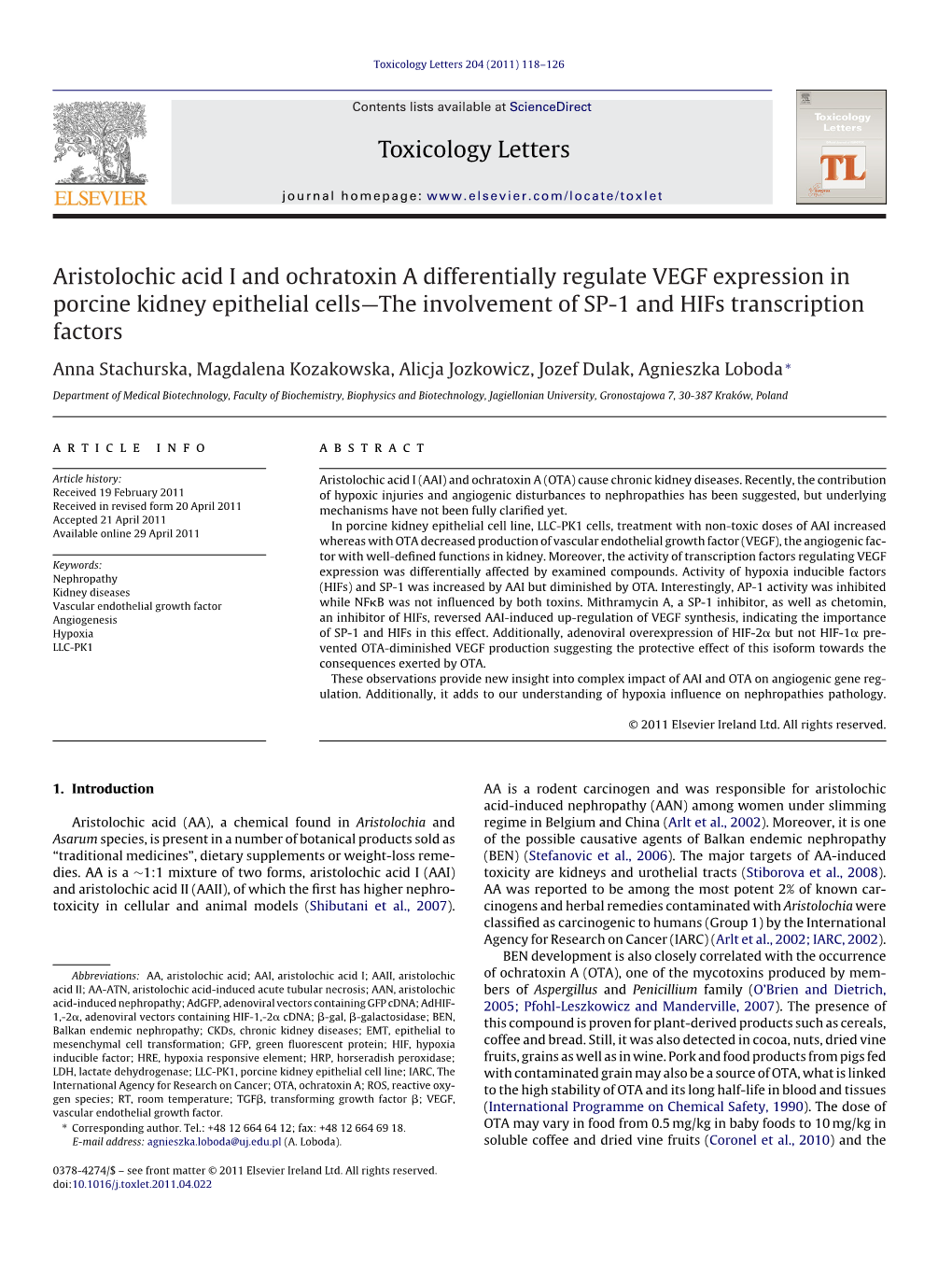 Aristolochic Acid I and Ochratoxin a Differentially Regulate VEGF Expression In