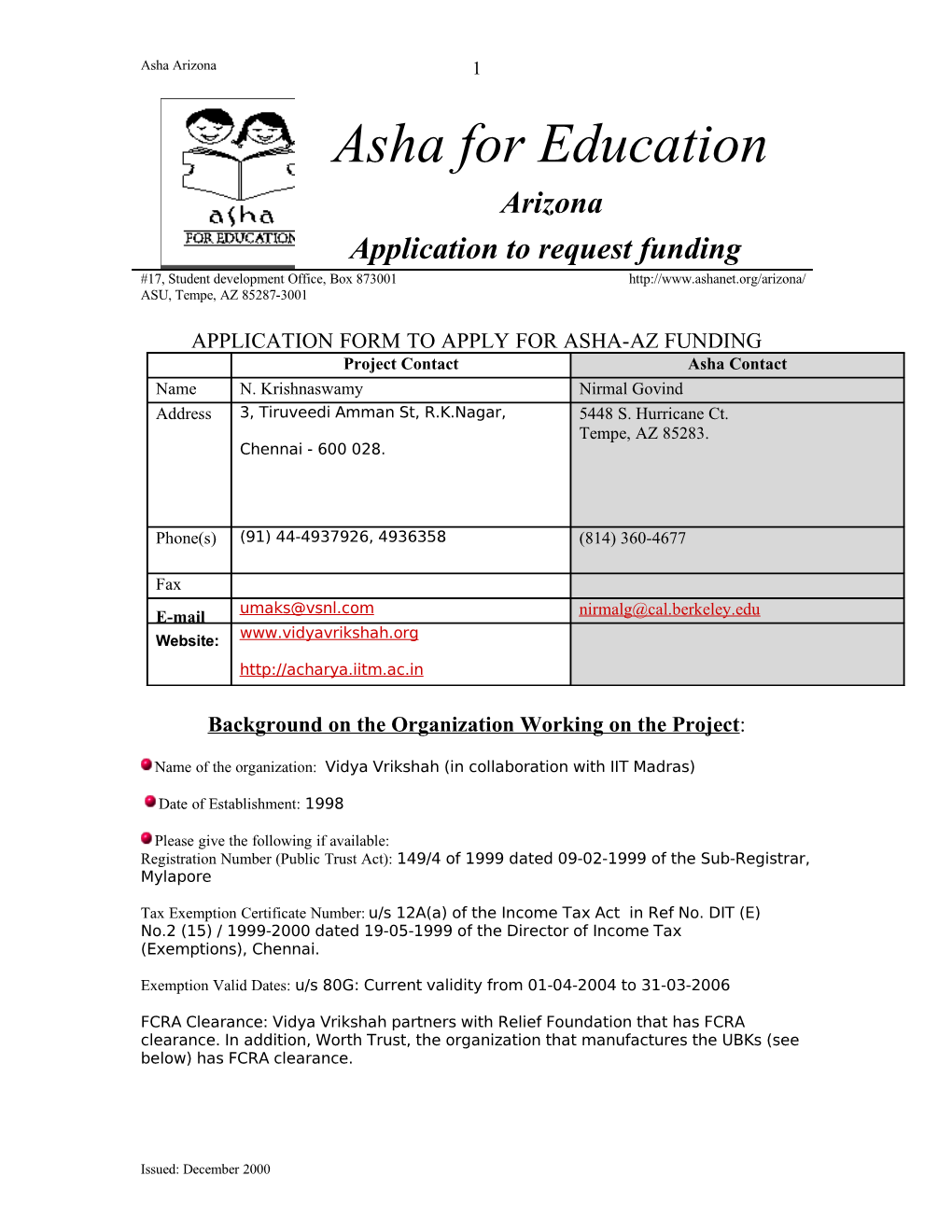 Application Form to Request Funding from ASHA- Arizona