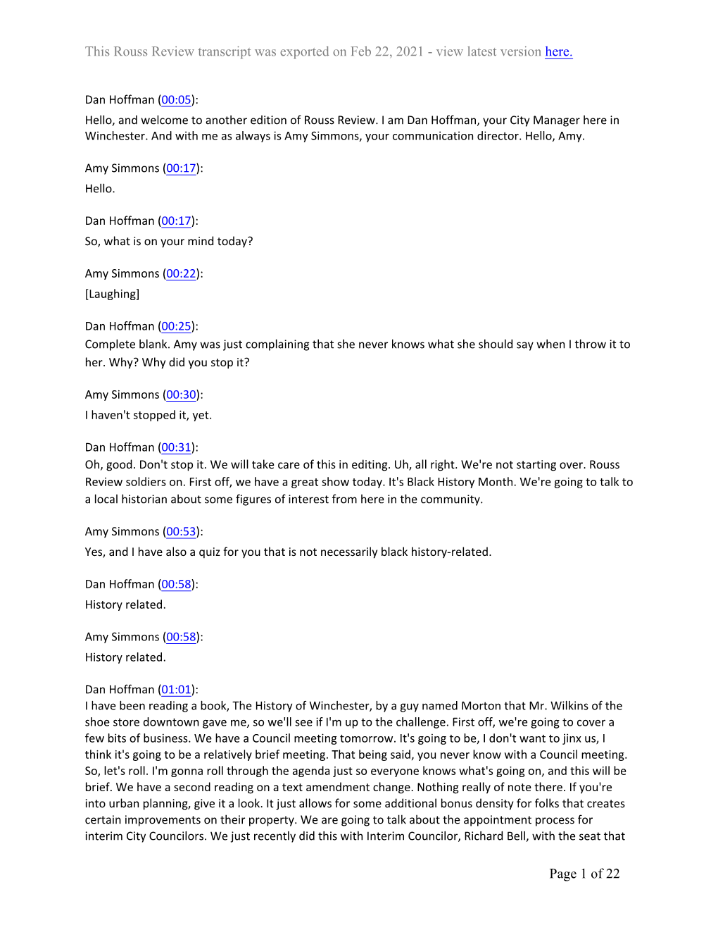 Page 1 of 22 This Rouss Review Transcript Was Exported on Feb 22, 2021 - View Latest Version Here