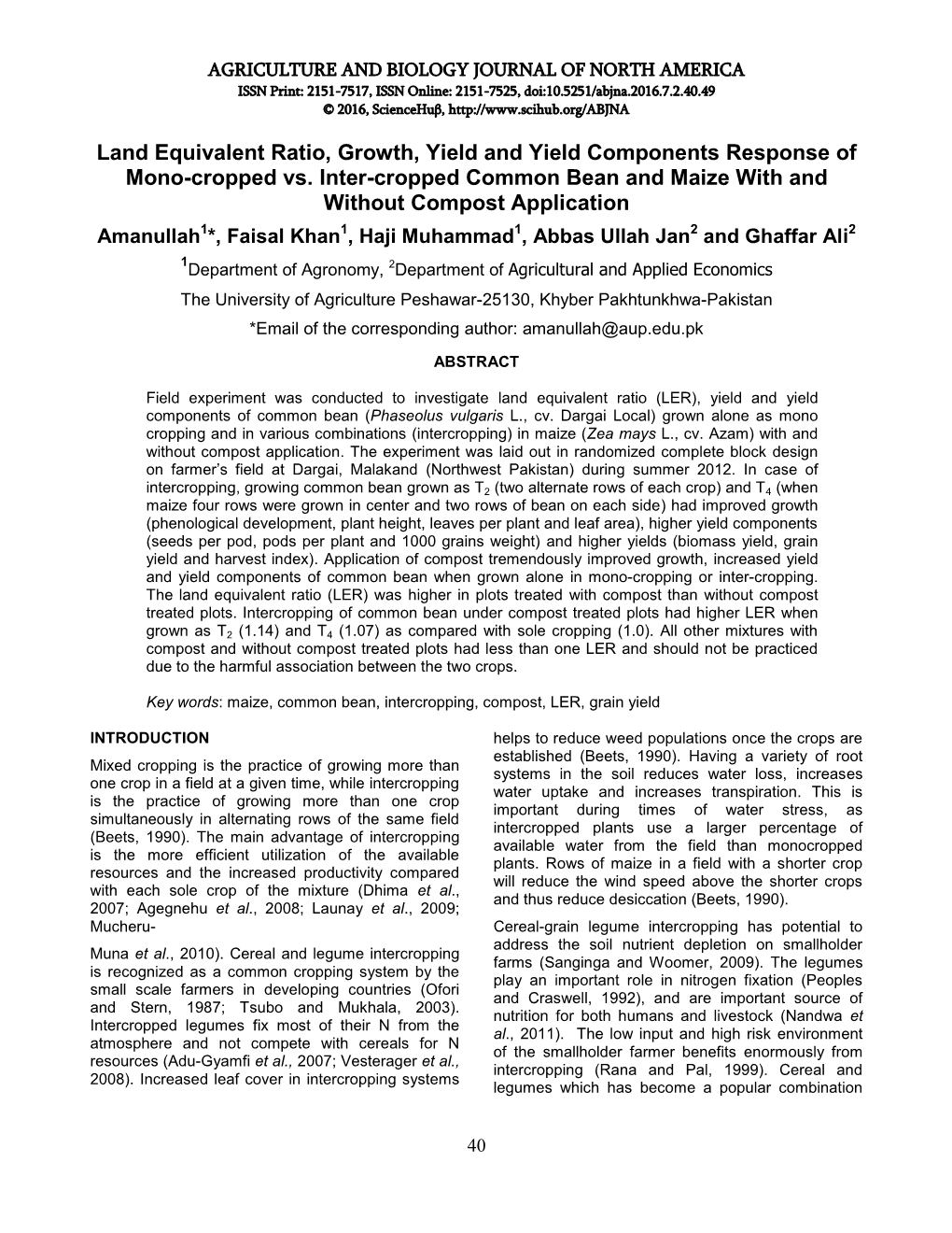 Land Equivalent Ratio, Growth, Yield and Yield Components Response of Mono-Cropped Vs