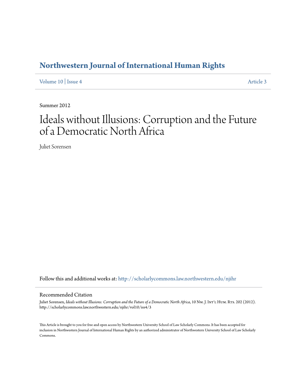 Corruption and the Future of a Democratic North Africa Juliet Sorensen