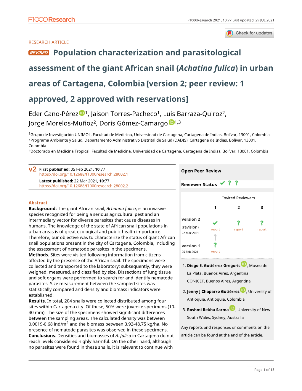 Assessment of the Giant African Snail (Achatina Fulica) in Urban Areas of Cartagena, Colombia [Version 2; Peer Review: 1 Approved, 2 Approved with Reservations]