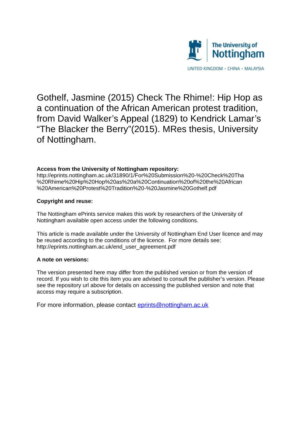 Hip Hop As a Continuation of the African American Protest Tradition, from David Walker’S Appeal (1829) to Kendrick Lamar’S “The Blacker the Berry”(2015)