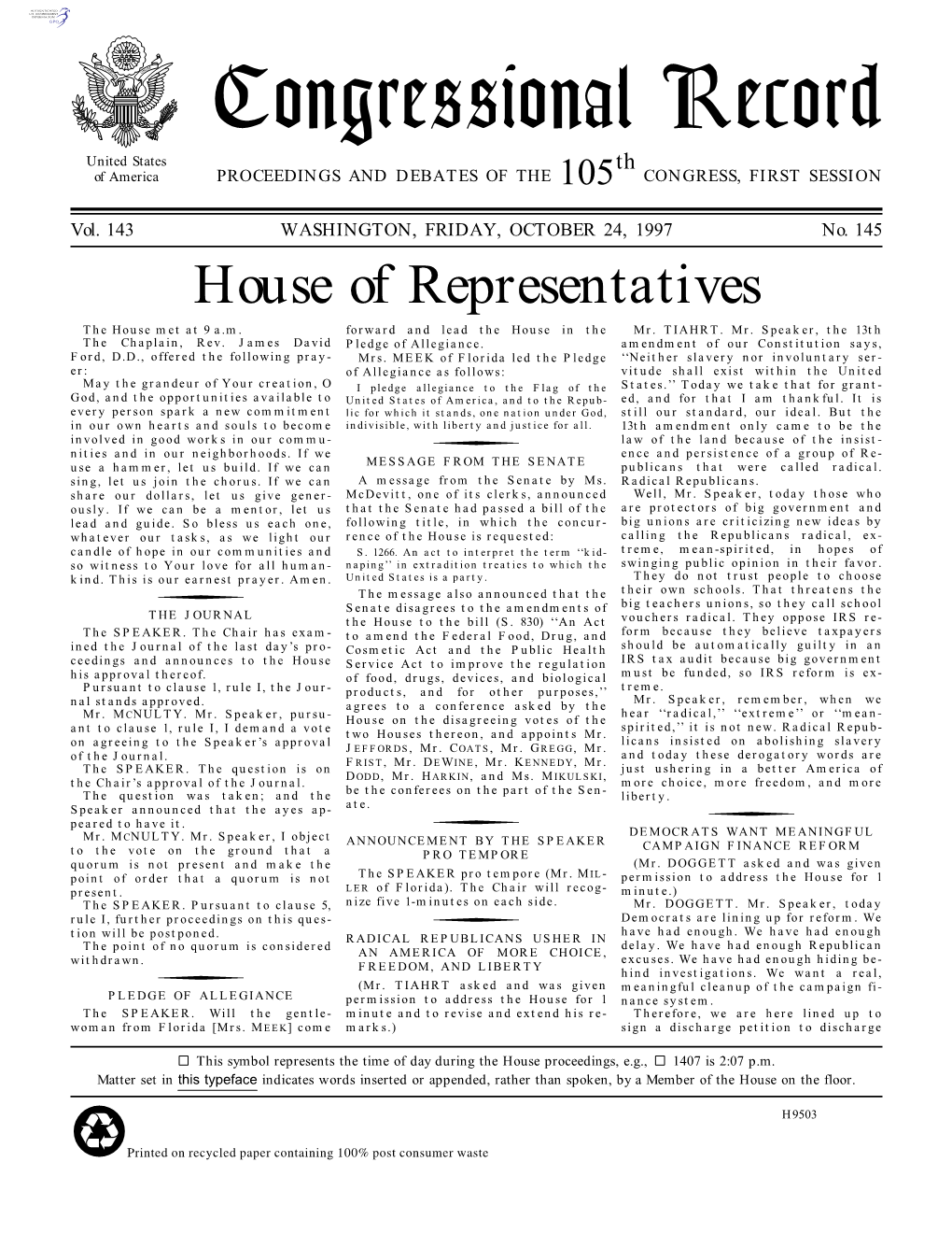 Congressional Record United States Th of America PROCEEDINGS and DEBATES of the 105 CONGRESS, FIRST SESSION