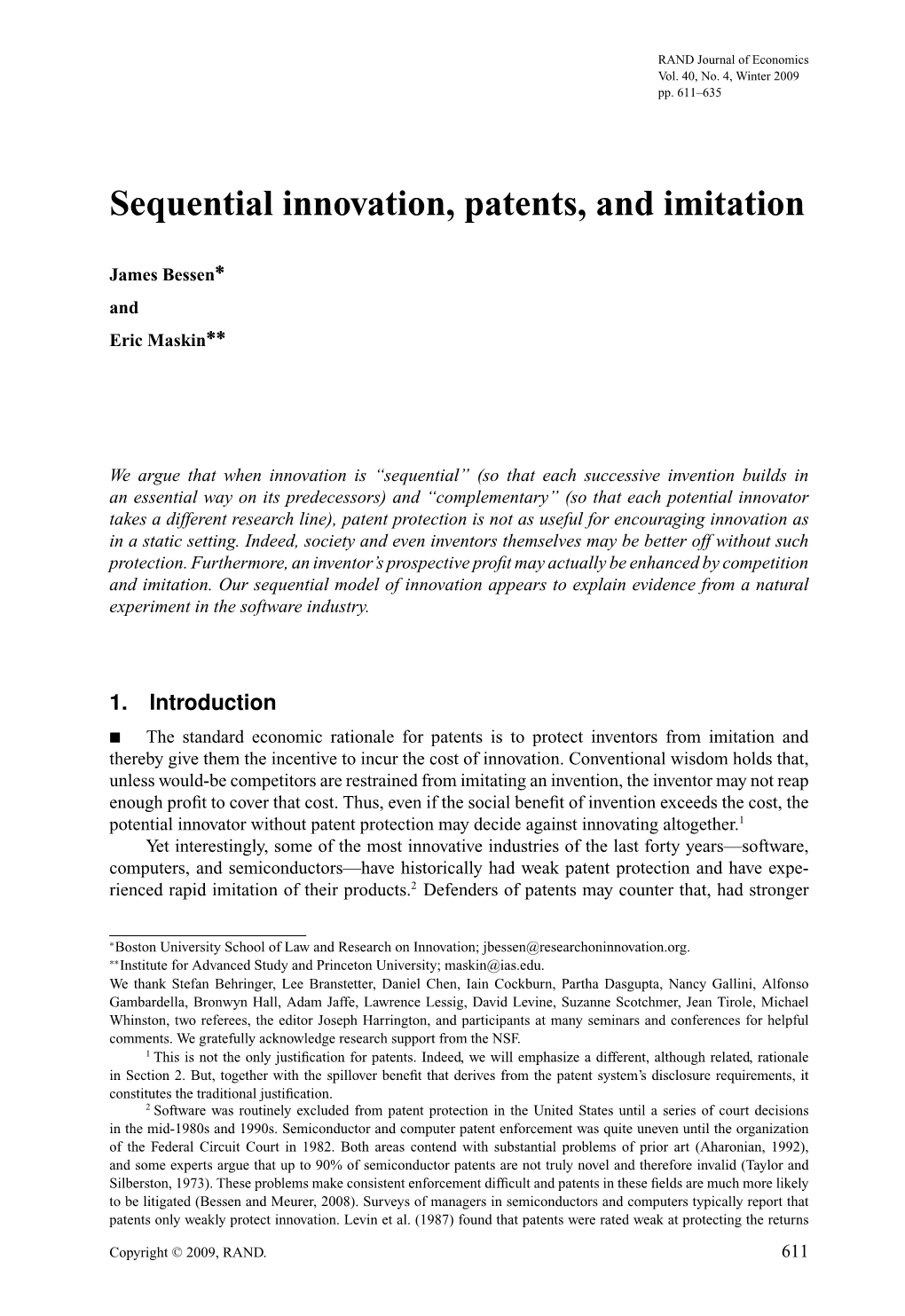 Sequential Innovation, Patents, and Imitation