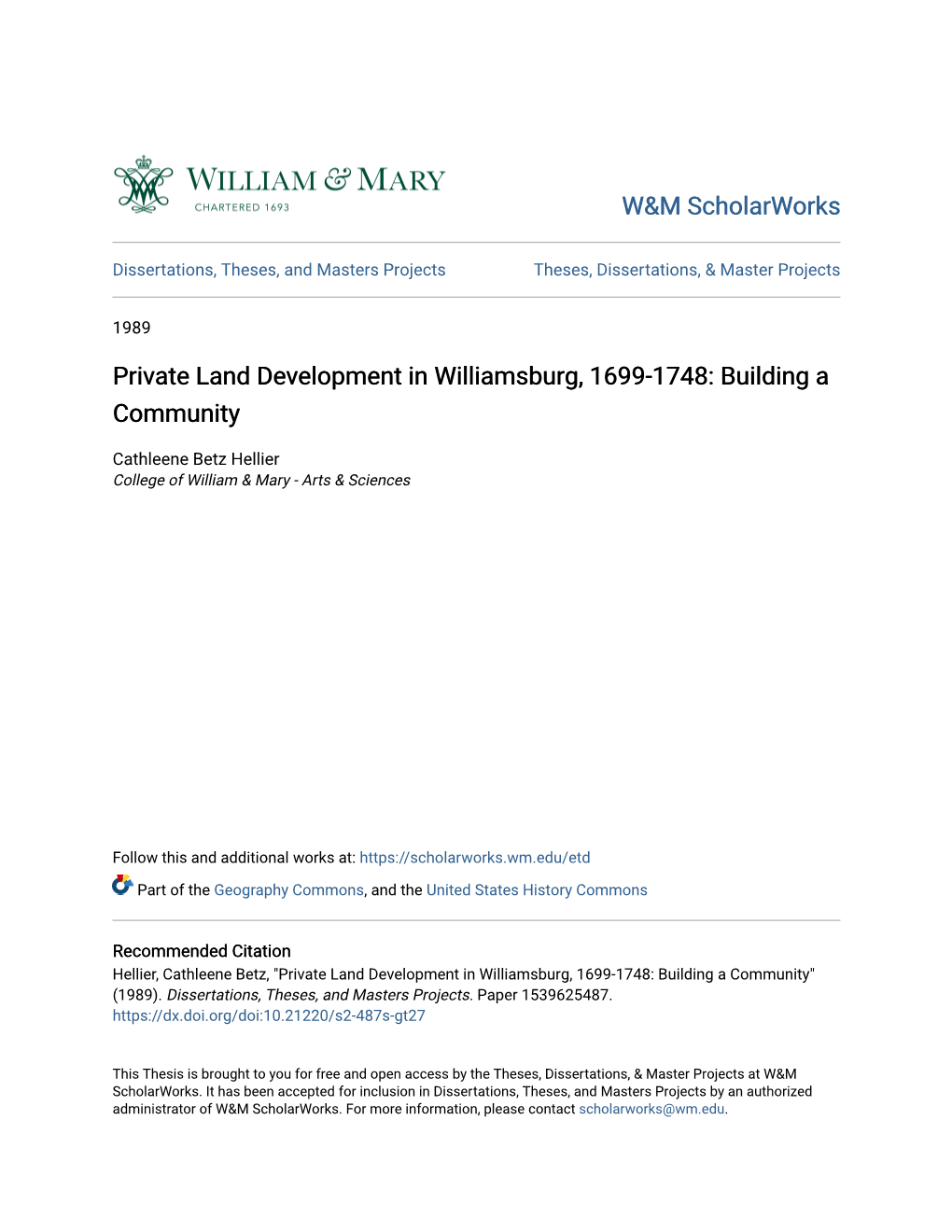 Private Land Development in Williamsburg, 1699-1748: Building a Community