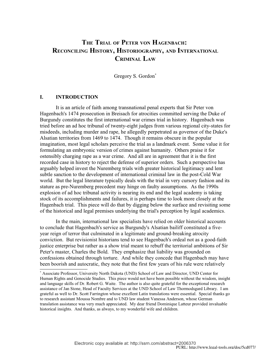 The Trial of Peter Von Hagenbach: Reconciling History, Historiography, and International Criminal Law