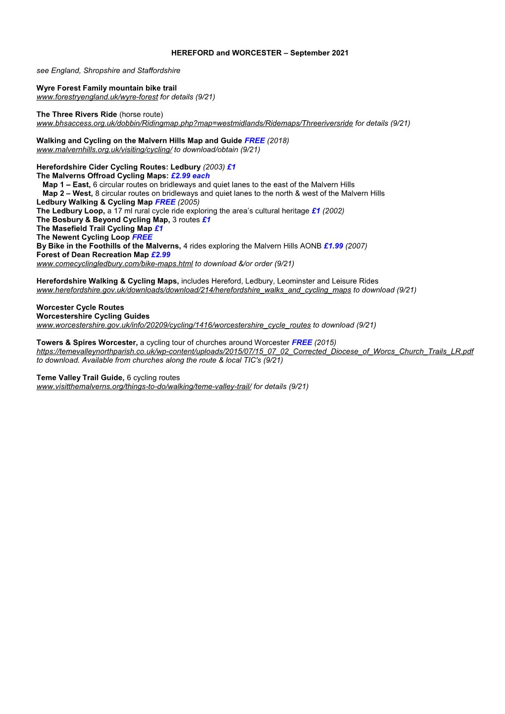 HEREFORD and WORCESTER – September 2021 See England, Shropshire and Staffordshire