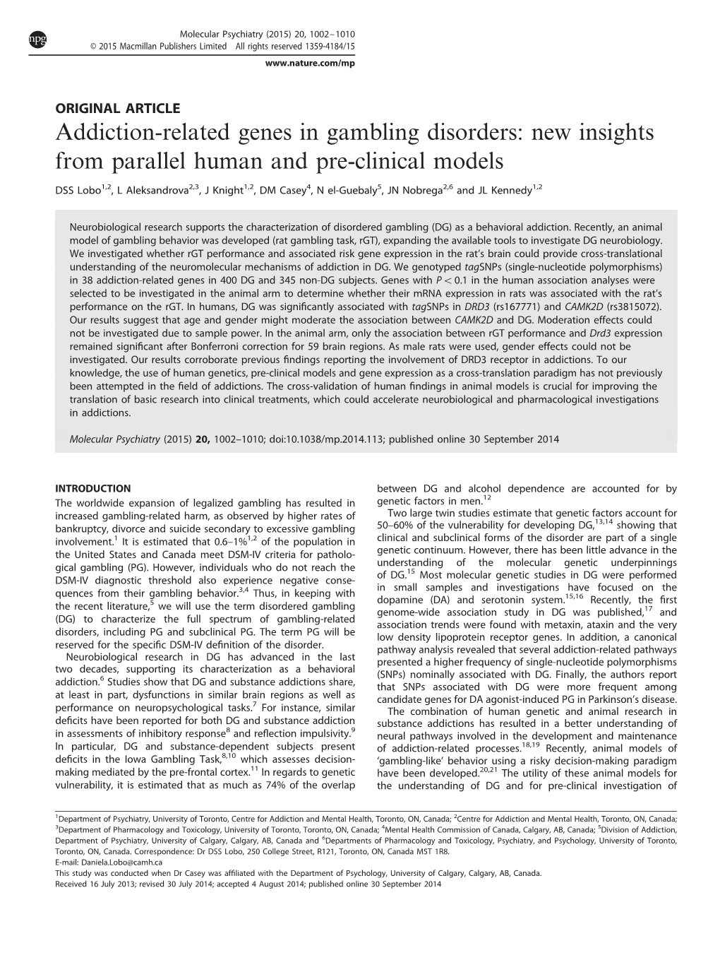 Addiction-Related Genes in Gambling Disorders: New Insights from Parallel Human and Pre-Clinical Models