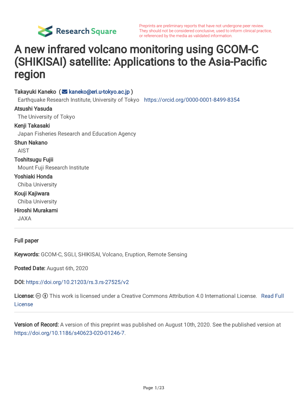 A New Infrared Volcano Monitoring Using GCOM-C (SHIKISAI) Satellite: Applications to the Asia-Pacifc Region