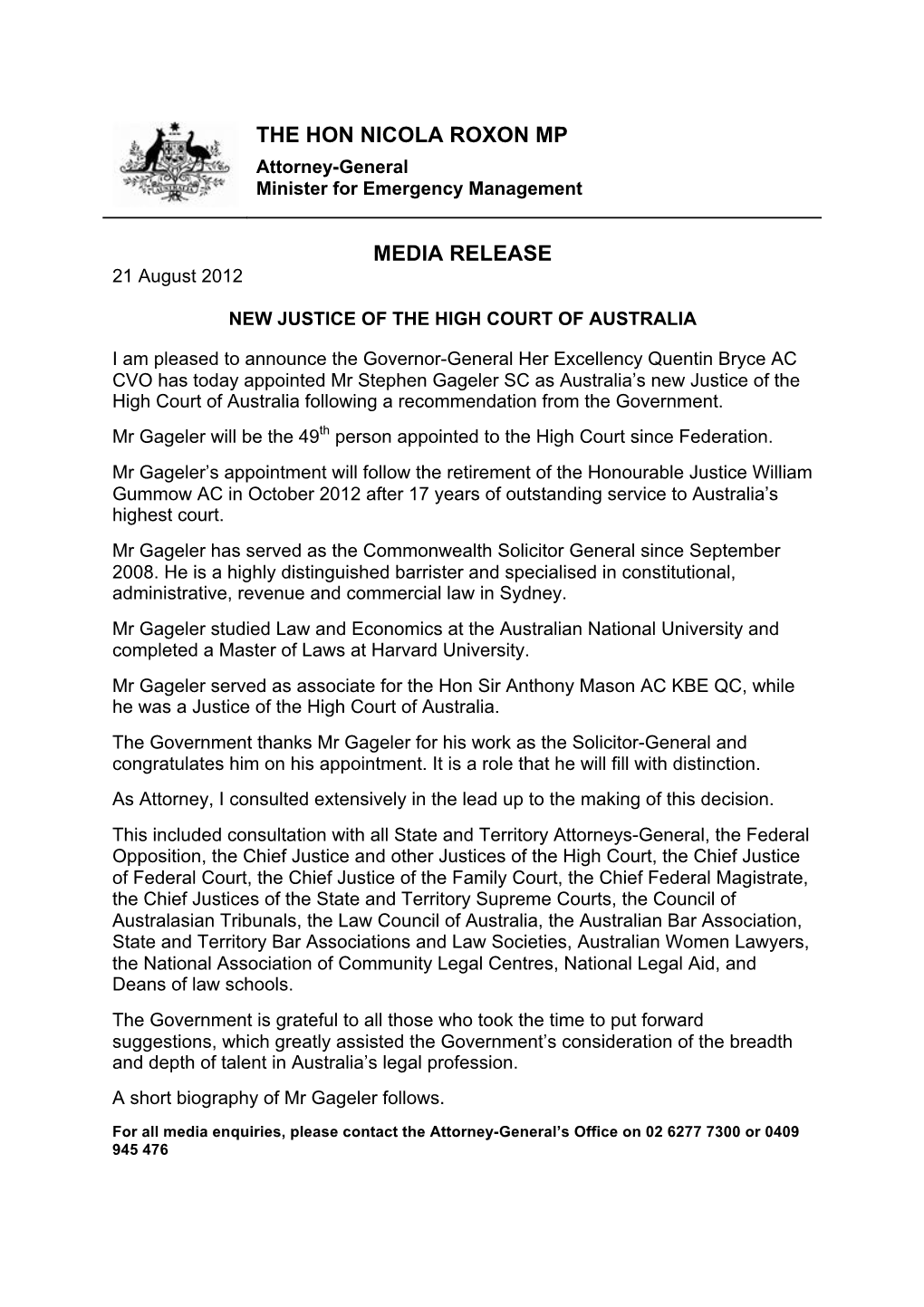 The Hon Nicola Roxon Mp Media Release