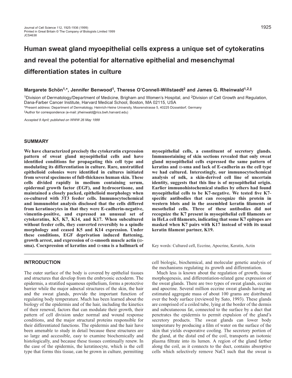 Human Sweat Gland Myoepithelial Cells Express a Unique Set Of