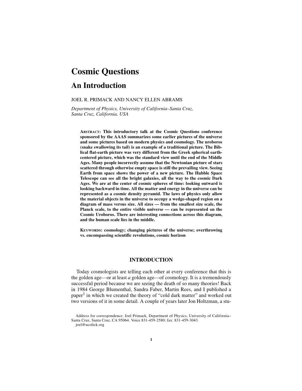 Cosmic Questions an Introduction