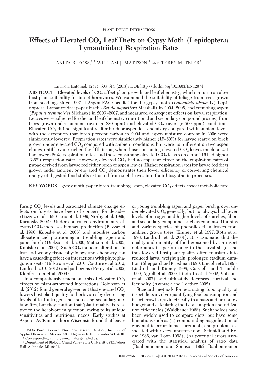 Effects of Elevated CO2 Leaf Diet on Gypsy Moth