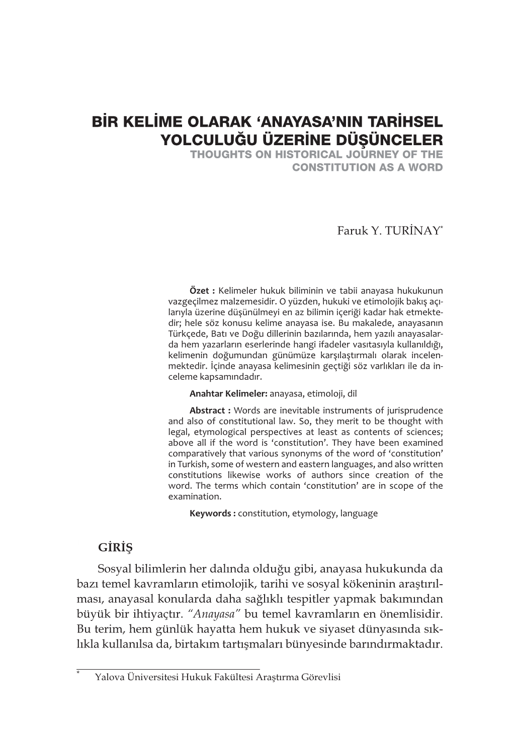 Bir Kelime Olarak 'Anayasa'nin Tarihsel Yolculuğu Üzerine Düşünceler