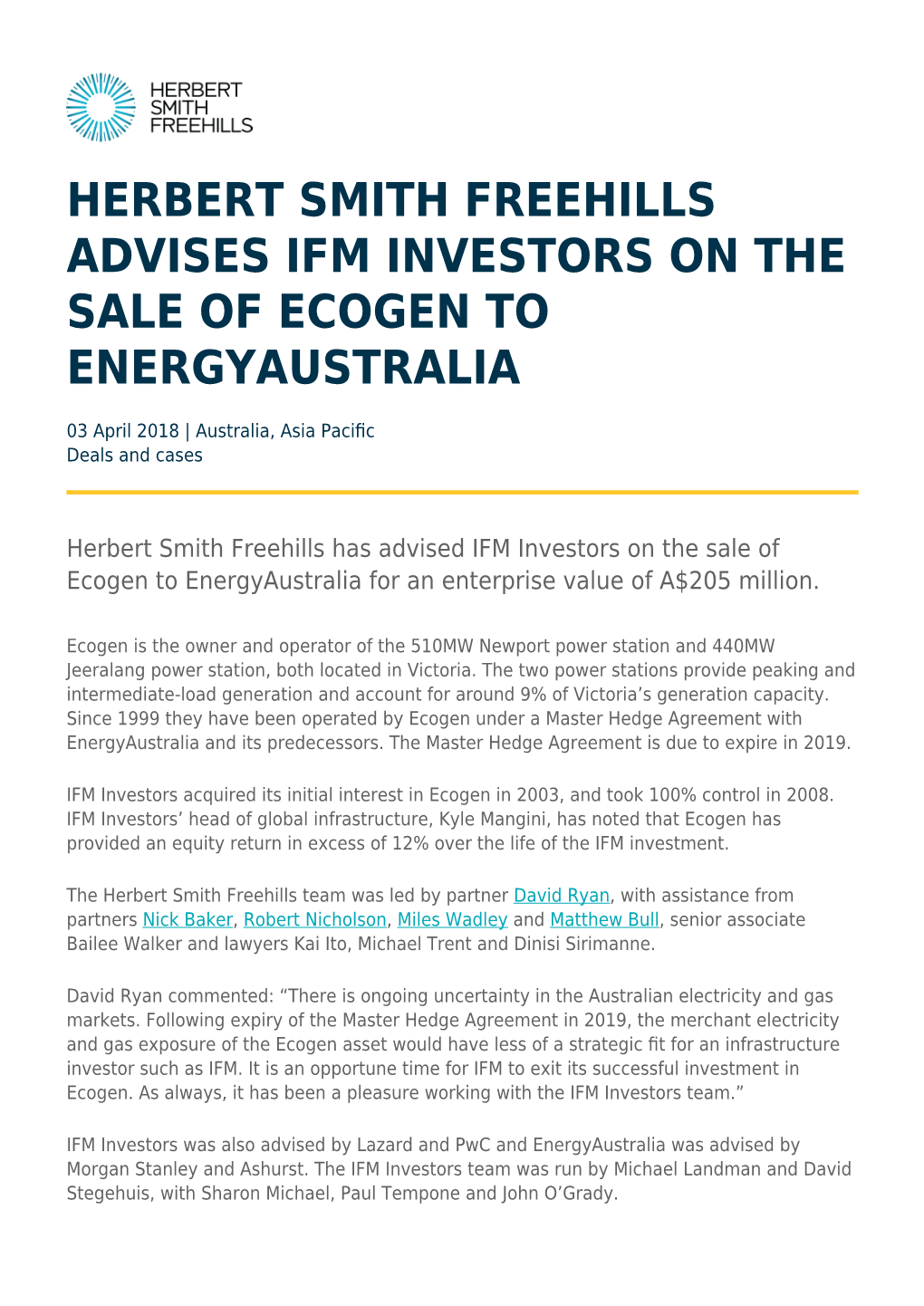 Herbert Smith Freehills Advises Ifm Investors on the Sale of Ecogen to Energyaustralia