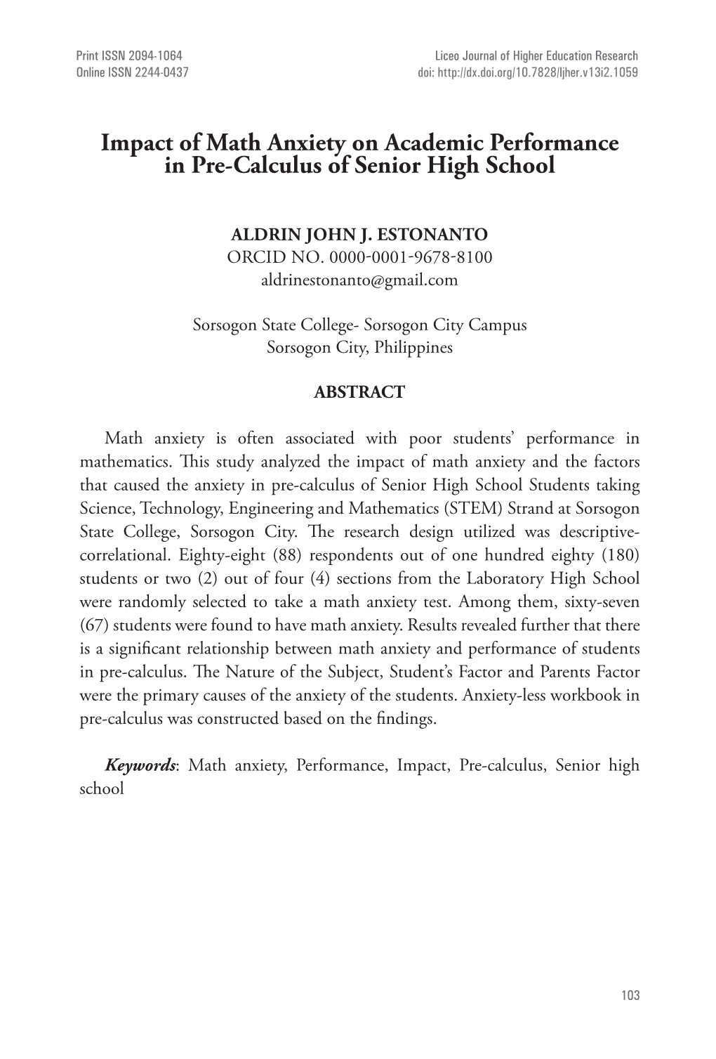 Impact of Math Anxiety on Academic Performance in Pre-Calculus of Senior High School