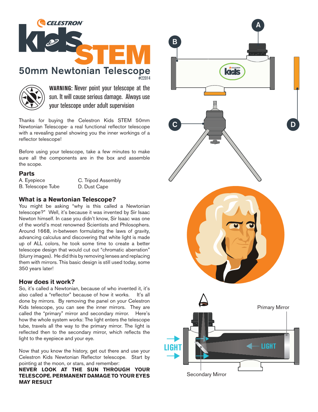 50Mm Newtonian Telescope #22014 WARNING: Never Point Your Telescope at the Sun