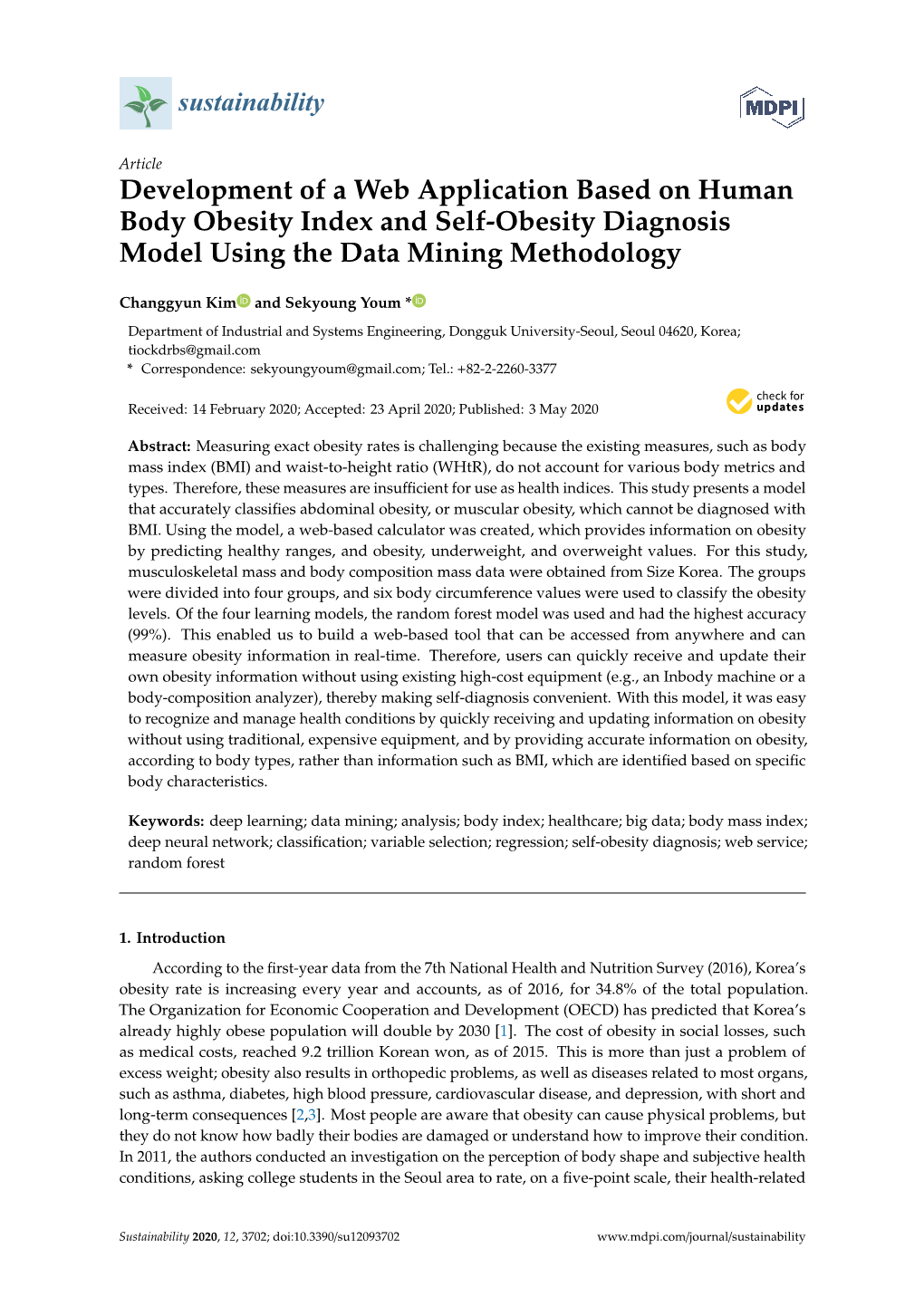 Development of a Web Application Based on Human Body Obesity Index and Self-Obesity Diagnosis Model Using the Data Mining Methodology