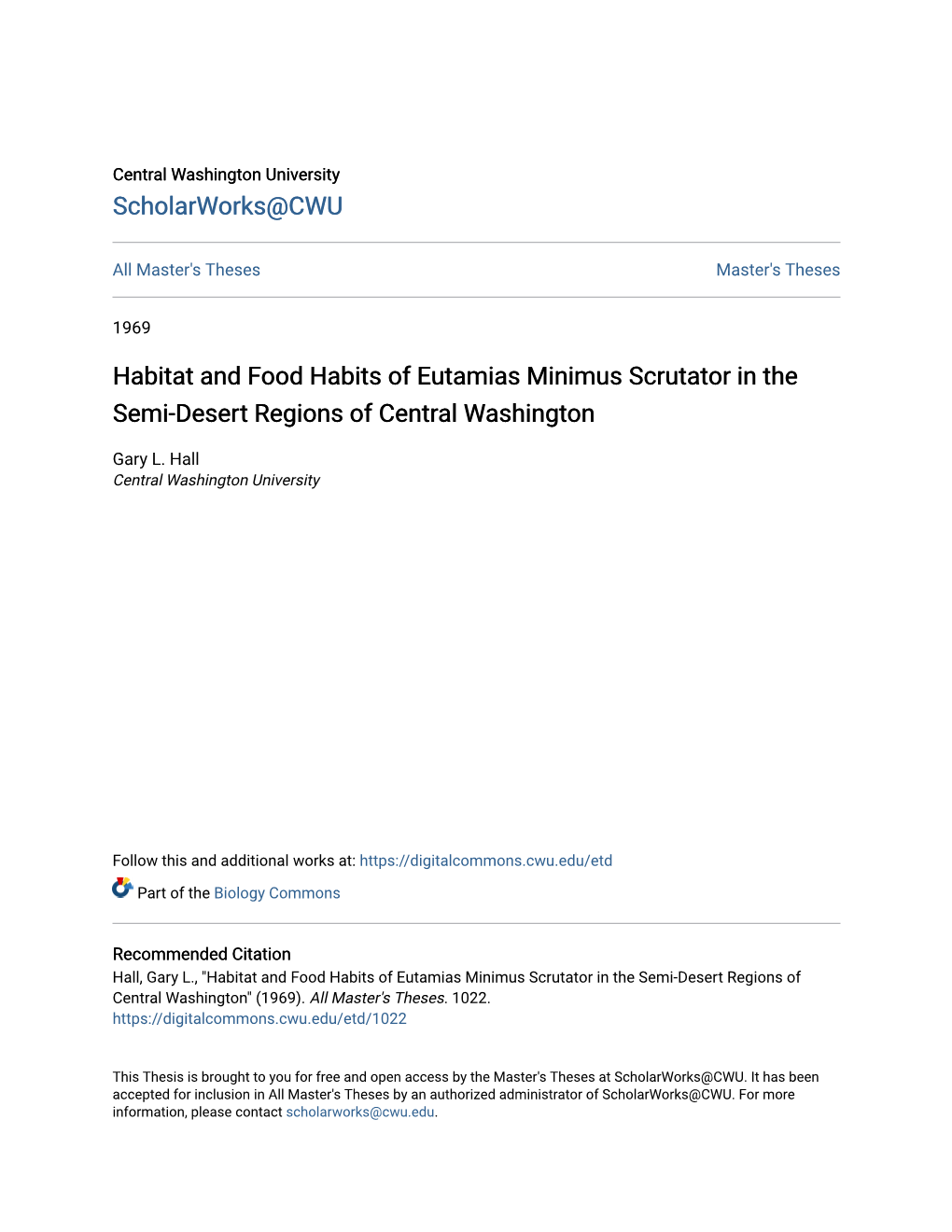 Habitat and Food Habits of Eutamias Minimus Scrutator in the Semi-Desert Regions of Central Washington