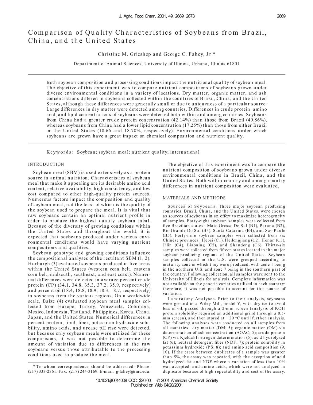 Comparison of Quality Characteristics of Soybeans from Brazil, China, and the United States