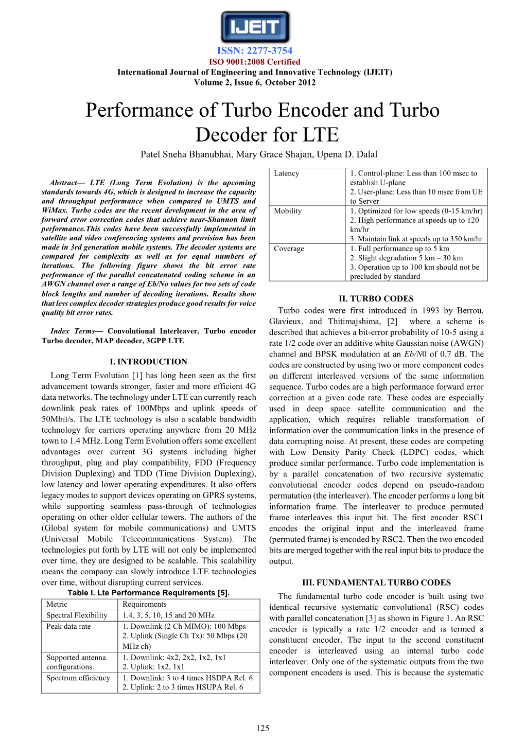 Performance of Turbo Encoder and Turbo Decoder for LTE Patel Sneha Bhanubhai, Mary Grace Shajan, Upena D