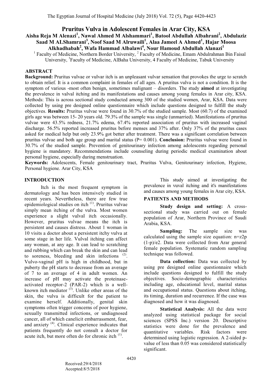 Pruritus Vulva in Adolescent Females in Arar City