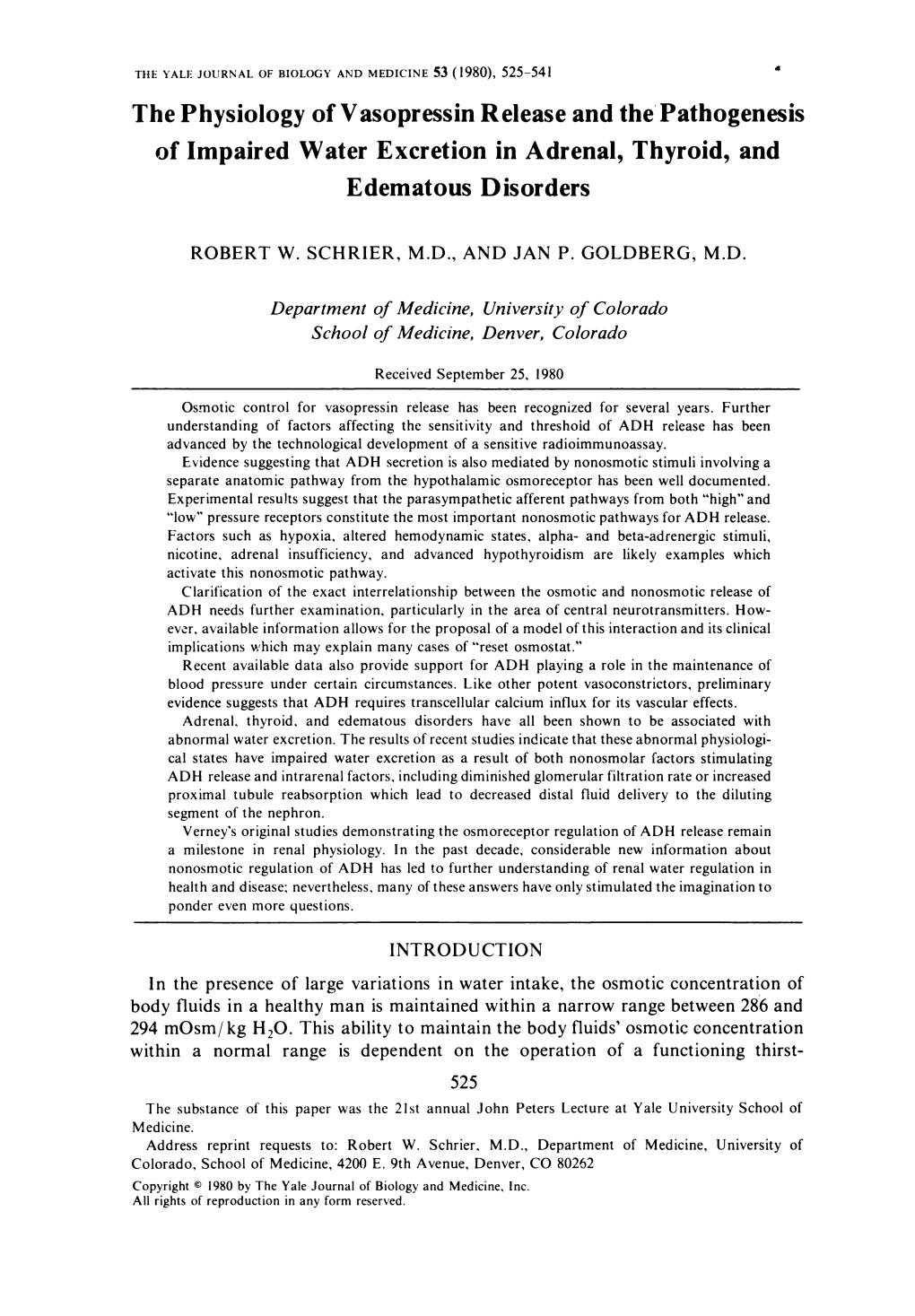 The Physiology of Vasopressin Release and the Pathogenesis of Impaired Water Excretion in Adrenal, Thyroid, and Edematous Disorders